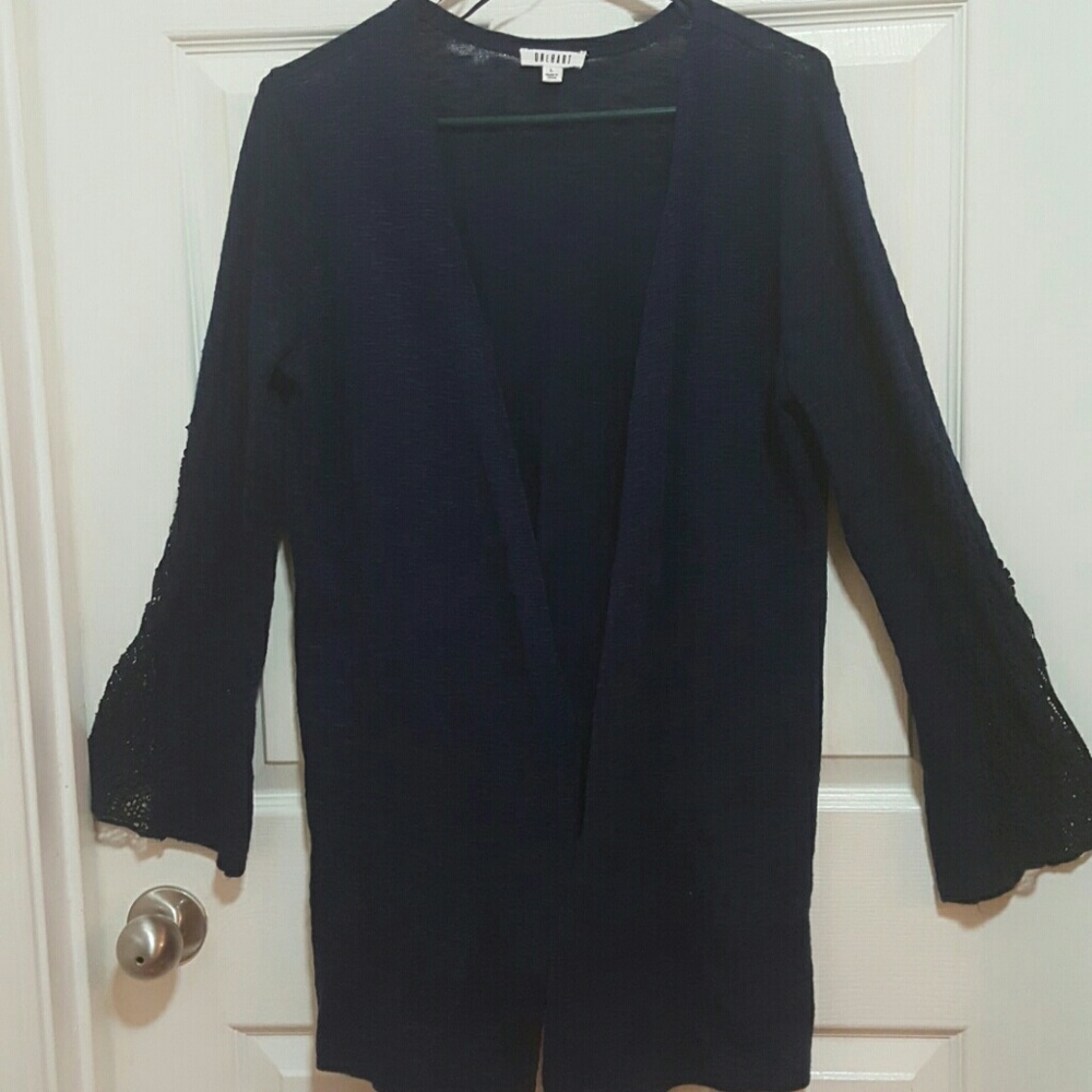 Lace sleeve navy flyaway oversized cardigan